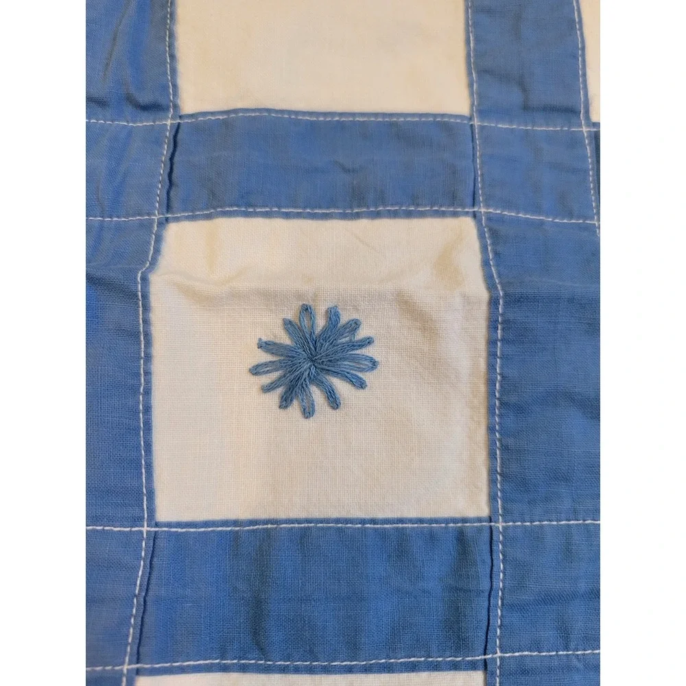 Handmade Vintage Tablecloth Farmhouse Applique Grid Star White Blue Square 35x35